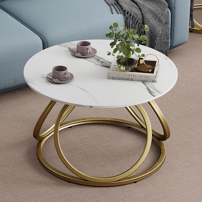 O&K FURNITURE Gold Round Coffee Table, Faux Marble Top - Image 5
