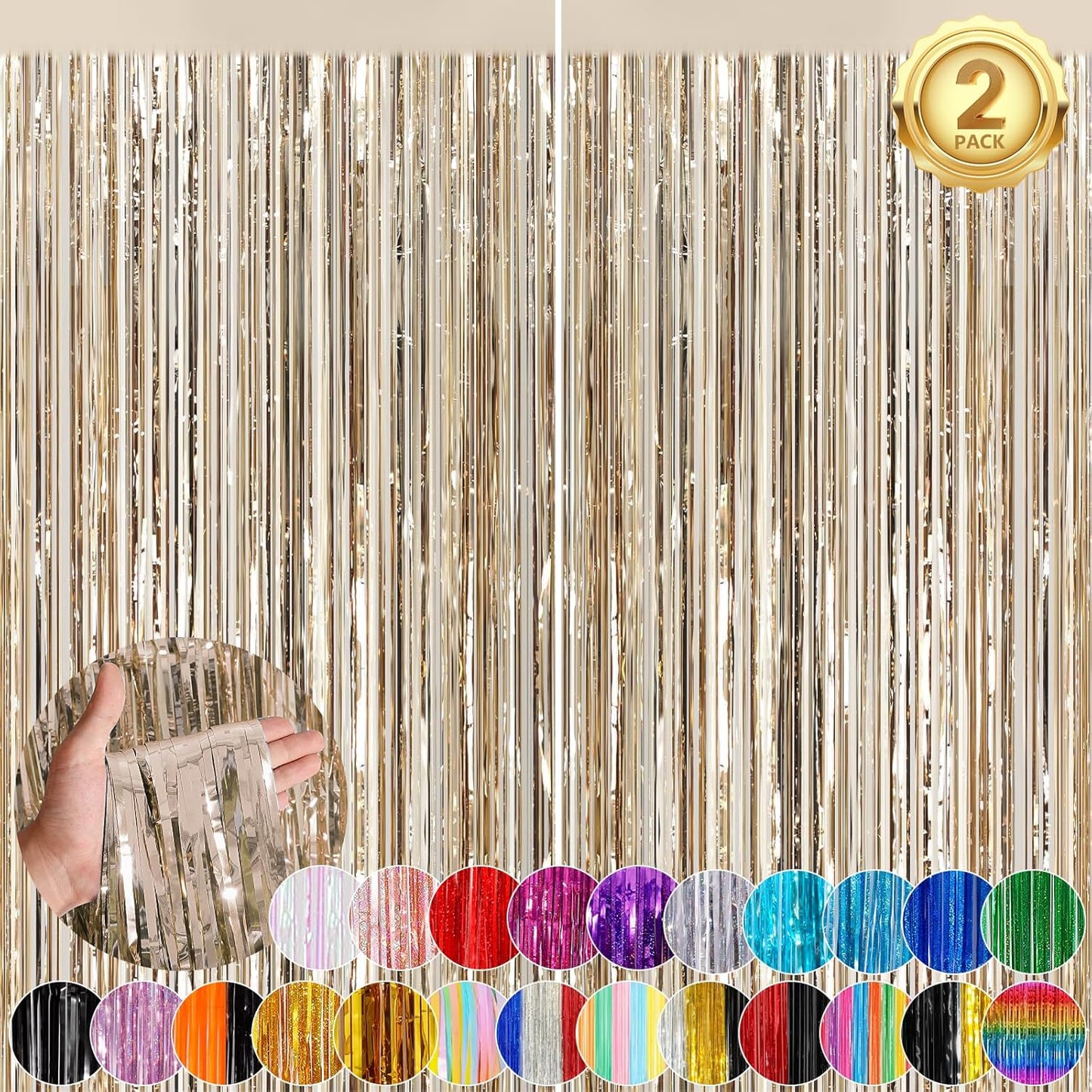 Champange Party Streamers Fringe Curtain 2Pack 3.3 x 8.3 Ft Foil Fringe Backdrop Curtains for Birthday Wedding Bridal Baby Shower Holiday Tinsel Streamers Party Decorations Door Streamer