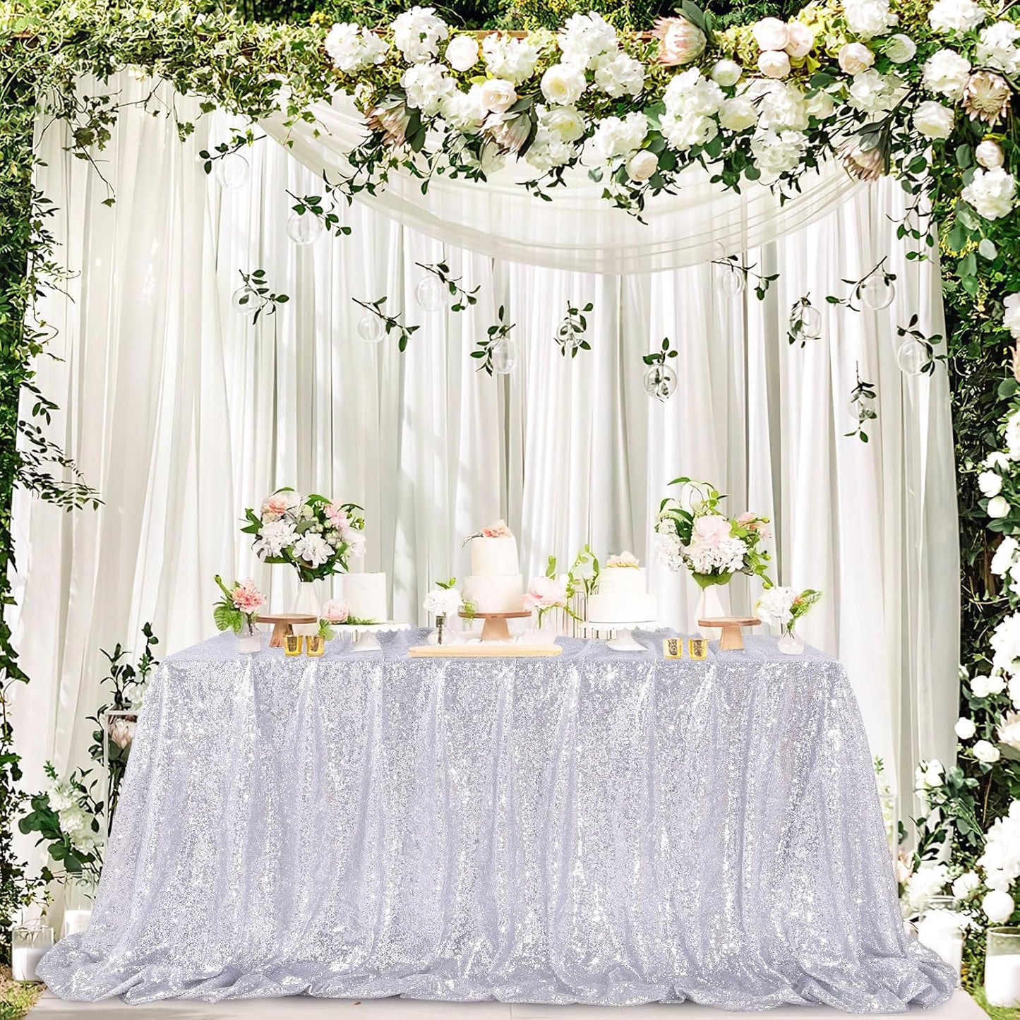 QueenDream Sequin Tablecloth Silver Rectangle Table Cloth - 50x80 Inch Glitter Fabric Overlay for Birthday Wedding Party
