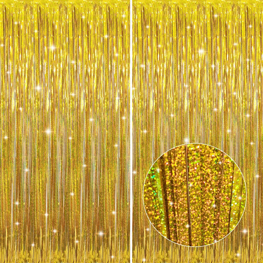 GOER 6.4 ft x 8.2 ft Metallic Tinsel Foil Fringe Curtains,Pack of 2 Party Streamer Backdrop for Birthday,Graduation Decorations and New Year Eve (Shiny Gold)