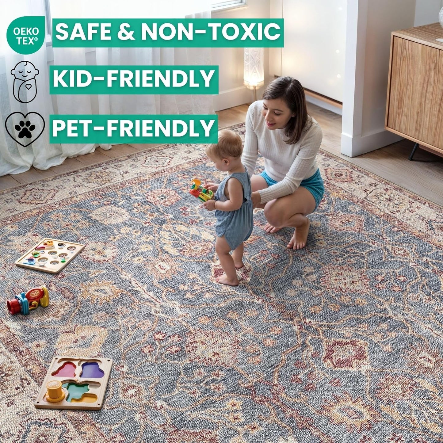 Bloom Rugs Washable Non-Slip 3' x 5' Rug - Beige/Blue Traditional Bordered Area Rug for Living Room, Bedroom, Dining Room, and Kitchen - Exact Size: 3' x 5'