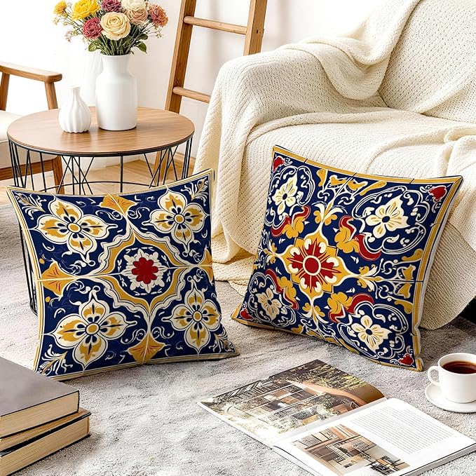 OBSEDE Throw Pillow Covers Set of 4, 18x18 Inch Blue and Yellow Mediterranean - Image 6