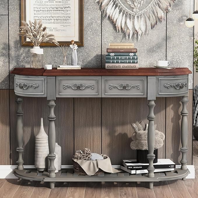 Retro Wood Curved Entryway Console Table 52-Inch Half Moon Hall Entryway Sofa by Amposei