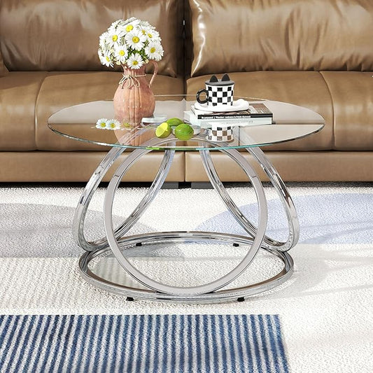 O&K FURNITURE Silver Coffee Table, Modern Glass Coffee Table Living Room Table by OKFURNITURE
