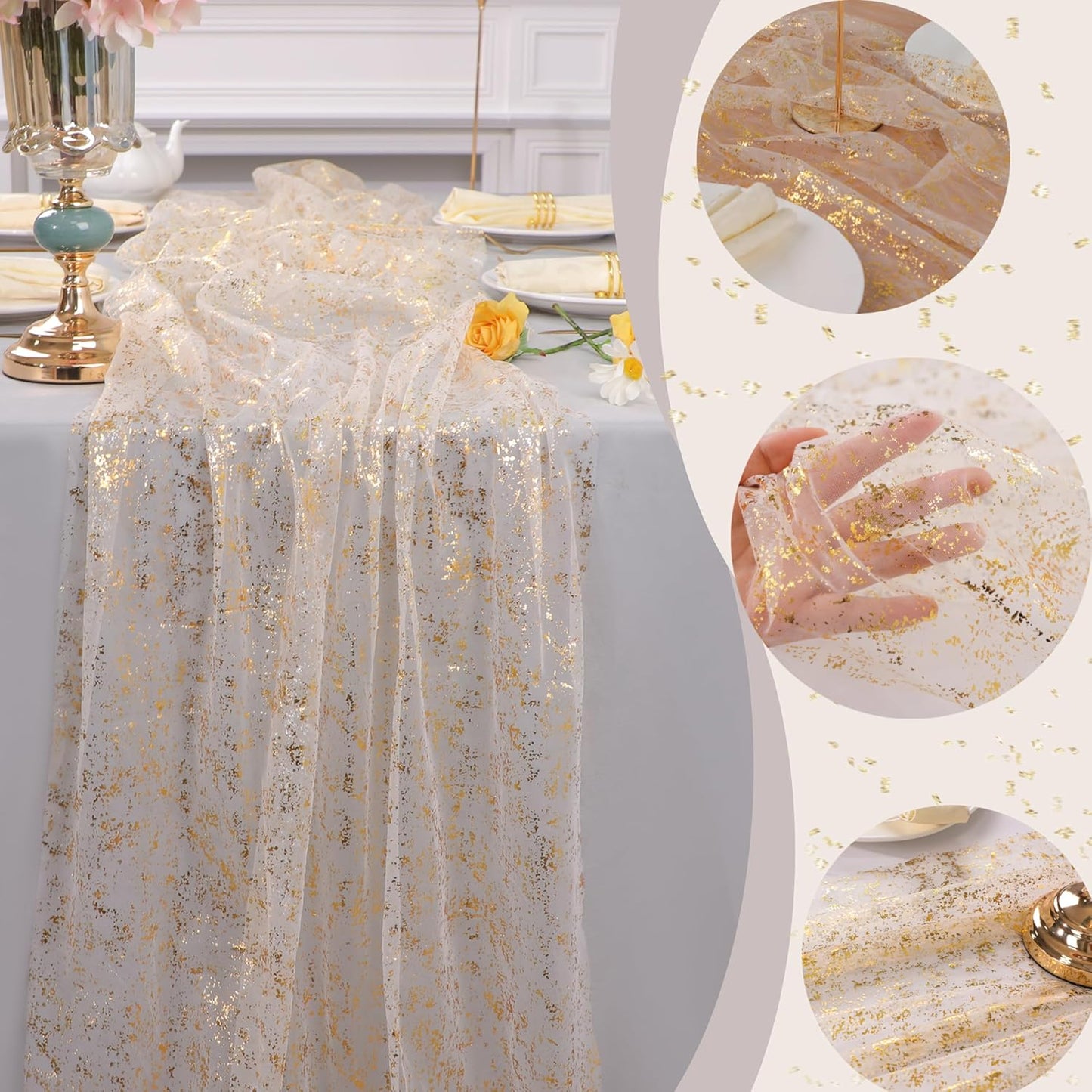 Snowkingdom 6Pcs 10 Ft Gold Table Runners, Sheer Chiffon Tulle Cheesecloth Golden Sequin Glitter Metallic Foil, Gold Party Table Decoration Centerpiece for Wedding Birthday Anniversary Christmas