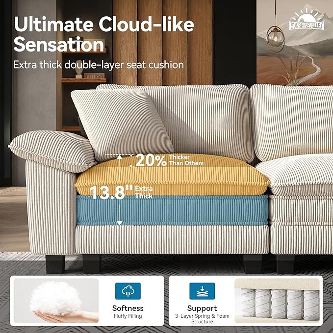 SUNSHINE VALLEY 3 Piece Living Room Sofa Furniture Set, Oversized Corduroy 2 - Image 3