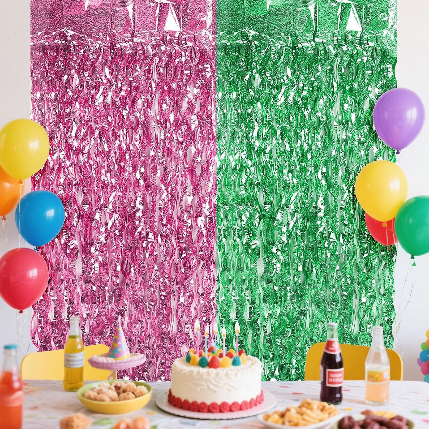 CANREVEL 2 Pack 3.3x6.6 Feet Pink and Green Wavy Foil Fringe Backdrop Curtains, Tinsel Streamers for Wicked Witch Merch Decor Birthday Party, Graduation, Halloween Party Decorations