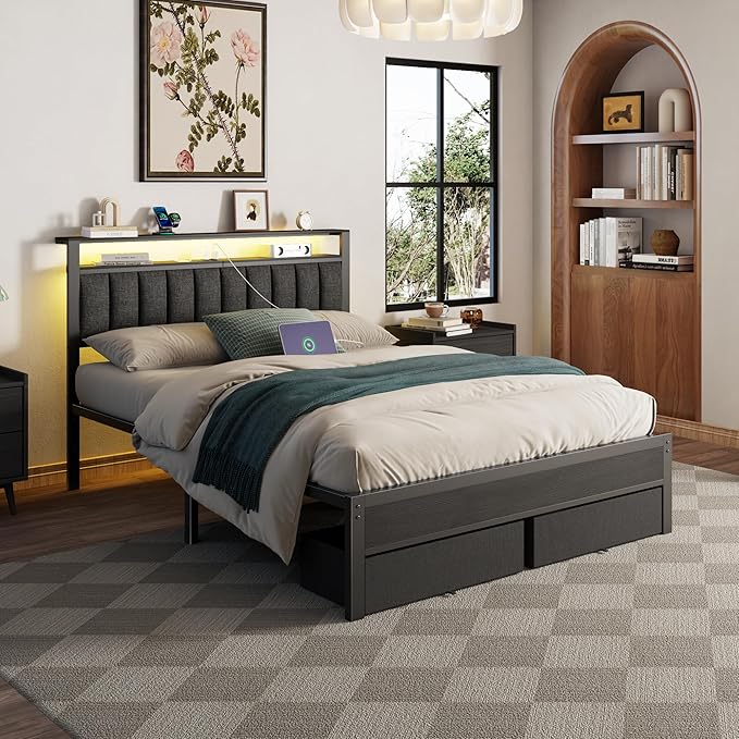 Furnulem Queen Bed Frame with Charging Station and LED Lights, Metal Platform - Image 6