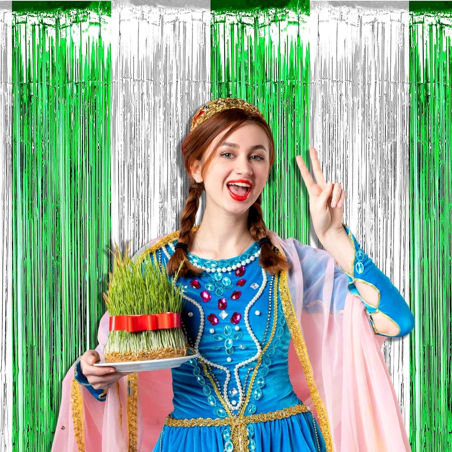 4 Pack Silver Green Foil Fringe Curtain Backdrop, 3.28Ft x 9.8Ft Metallic Tinsel Foil Fringe Streamers Curtains for Photo Booth, Wedding, Mardi Gras, Birthday Carnival St Patrick Day Party Decoration