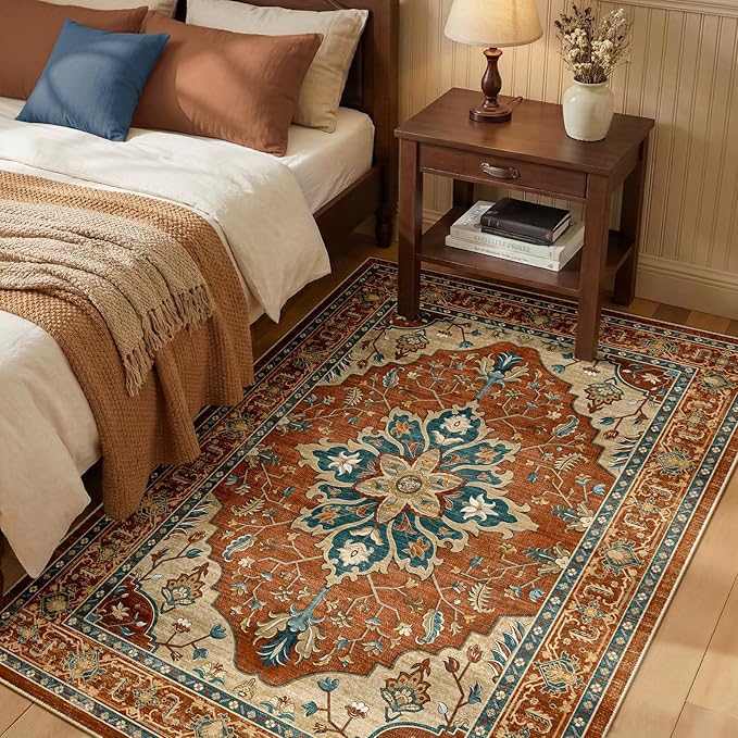 RELEANY Area Rugs 3'x5' Washable Non-Slip, Floral Vintage Distress Print by RELEANY
