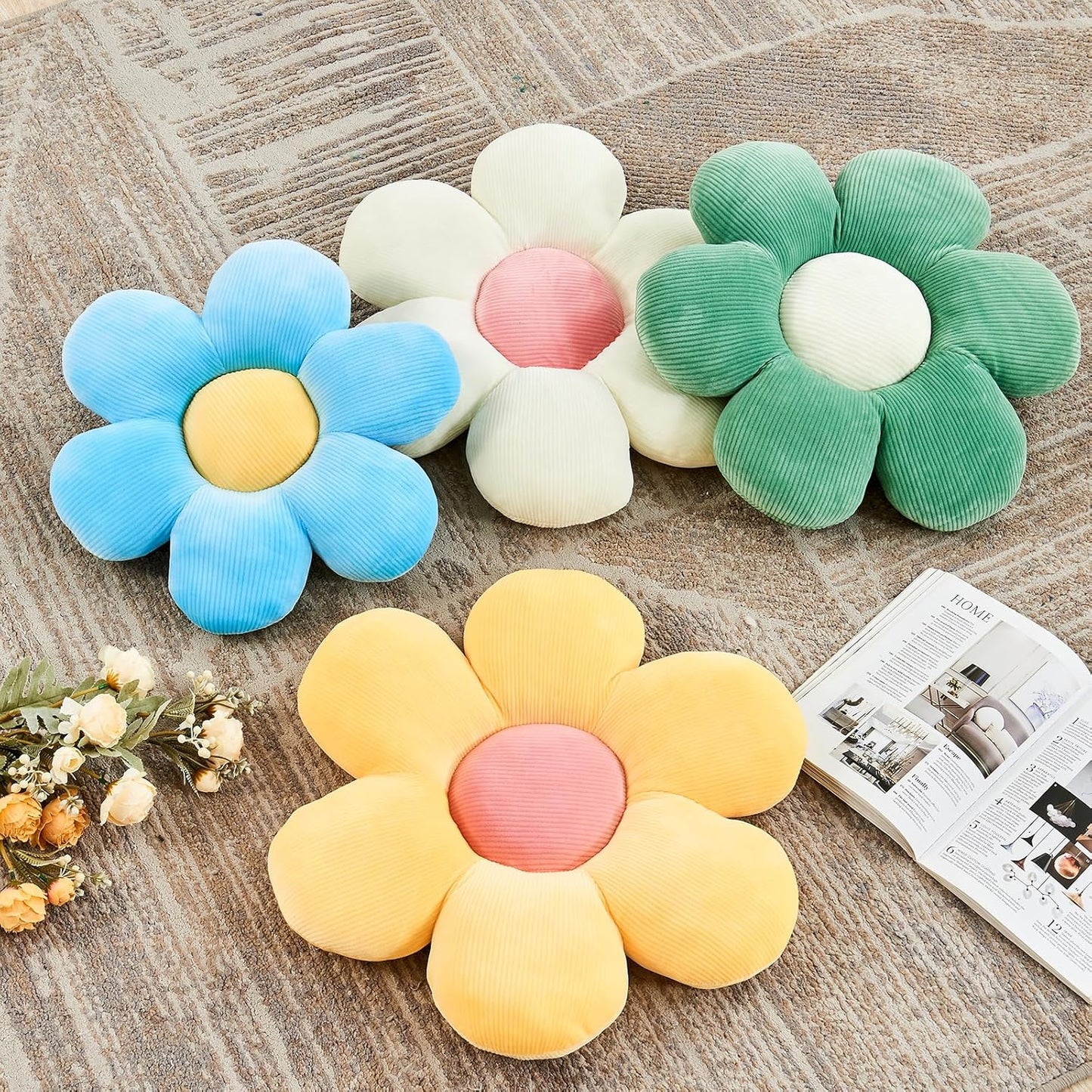 White Pink Flower Pillow, 14.9" Cute Flower Shaped Floor Pillow, Aesthetic Floral Plush Daisy Decorative Throw Pillows for Bed Sofa Couch