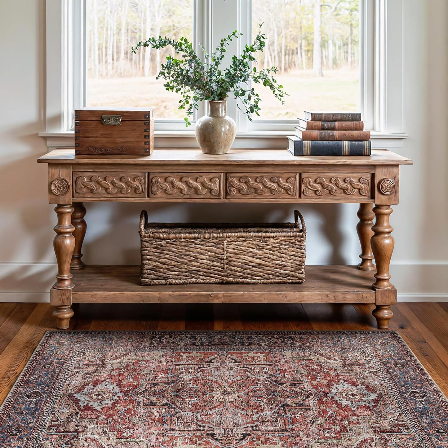 Bloom Rugs Washable Non-Slip 3' x 5' Rug - Terracotta/Blue Traditional Medallion Area Rug for Living Room, Bedroom, Dining Room, and Kitchen - Exact Size: 3' x 5'