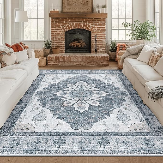 RELEANY Area Rugs Square 8ft Washable Non-Slip, Floral Vintage Distress Print by RELEANY