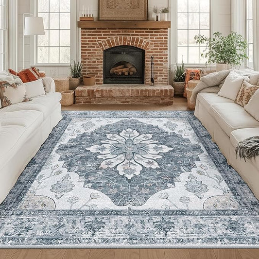 RELEANY Area Rugs Square 8ft Washable Non-Slip, Floral Vintage Distress Print by RELEANY