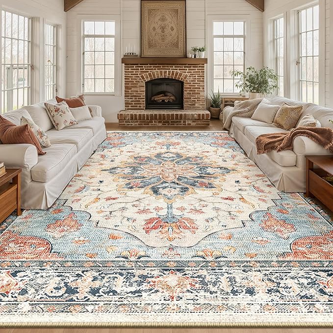 RELEANY Area Rugs 10'x12' Washable Non-Slip, Floral Vintage Distress Print by RELEANY
