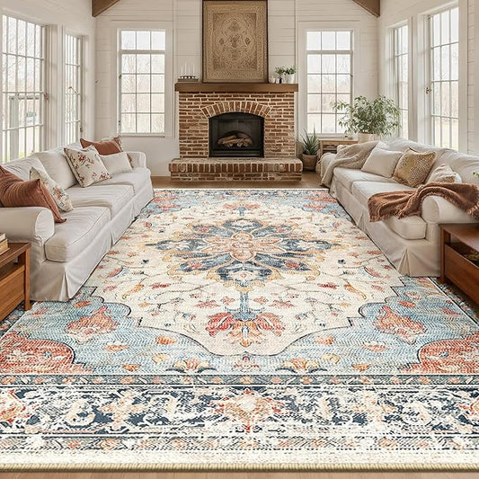 RELEANY Area Rugs 10'x12' Washable Non-Slip, Floral Vintage Distress Print by RELEANY