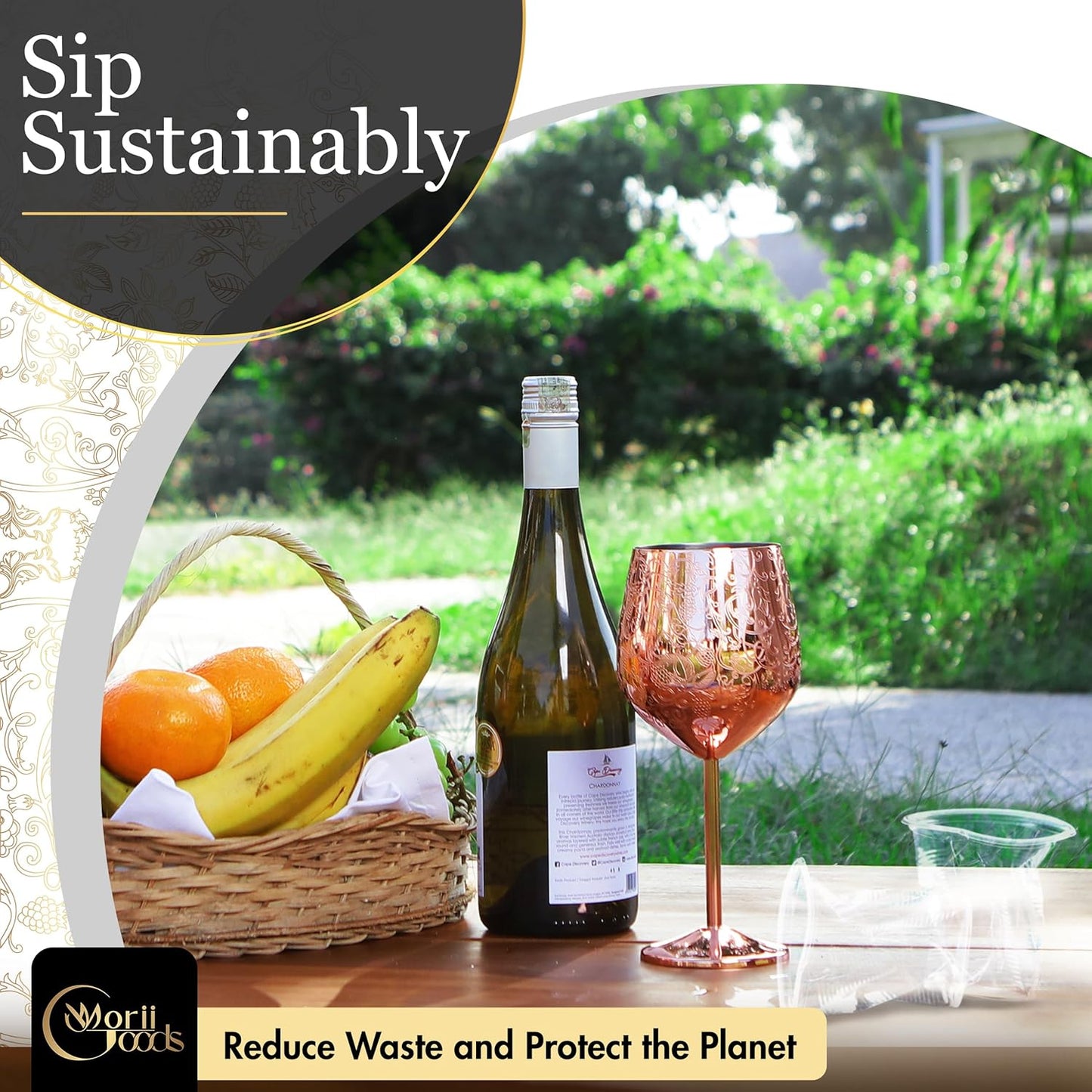 Stainless Steel Wine Glasses – Set of 2 Etched 16 oz Metal Goblets, Unbreakable Rose Gold Cups for Camping, Travel, Outdoor Events, Picnics, Luxury Wine Gifts for Women and Men