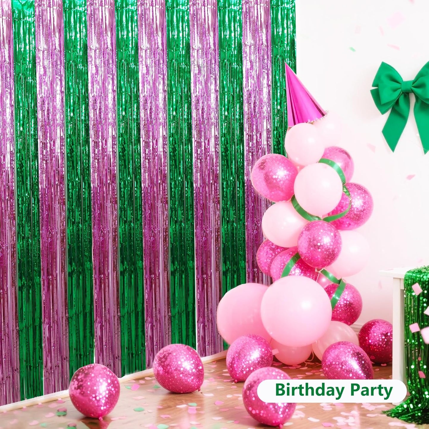 BEISHIDA Pink Green Door Streamers Backdrop Foil Fringe Tinsel Party Streamers Curtains Photo Backdrop for Birthday Graduation Wicked Party Decoations