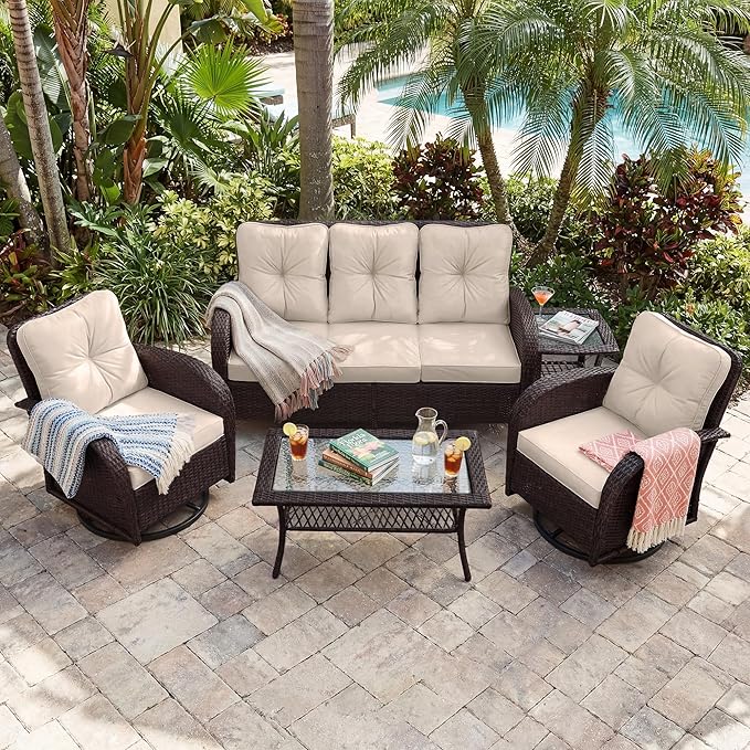 UPHA 5 Pieces Patio Furniture Sets, Wicker Outdoor 3-Seat Sofa Set - Image 5