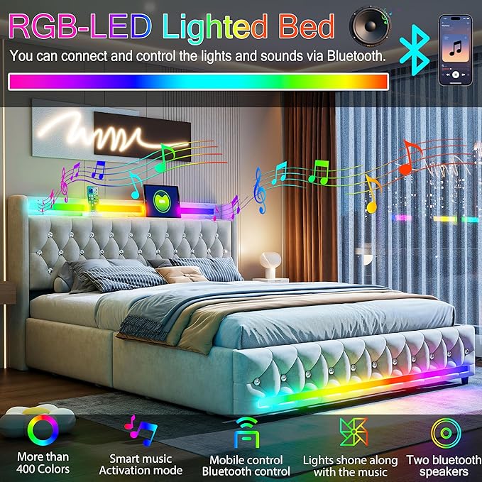Music Player Bed with Bluetooth Speakers, Queen Size Smart Bed, USB&Type C - Image 4