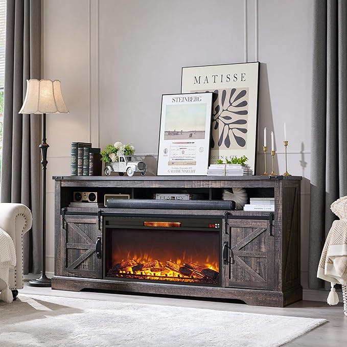 OKD Fireplace TV Stand for 80 Inch TV, Rustic Media Console w/Sliding Barn Door - Image 7