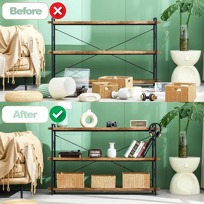 HCHQHS Bookshelf, 3-Tier Long Industrial Bookcase, Rustic Open Book Shelf - Image 4