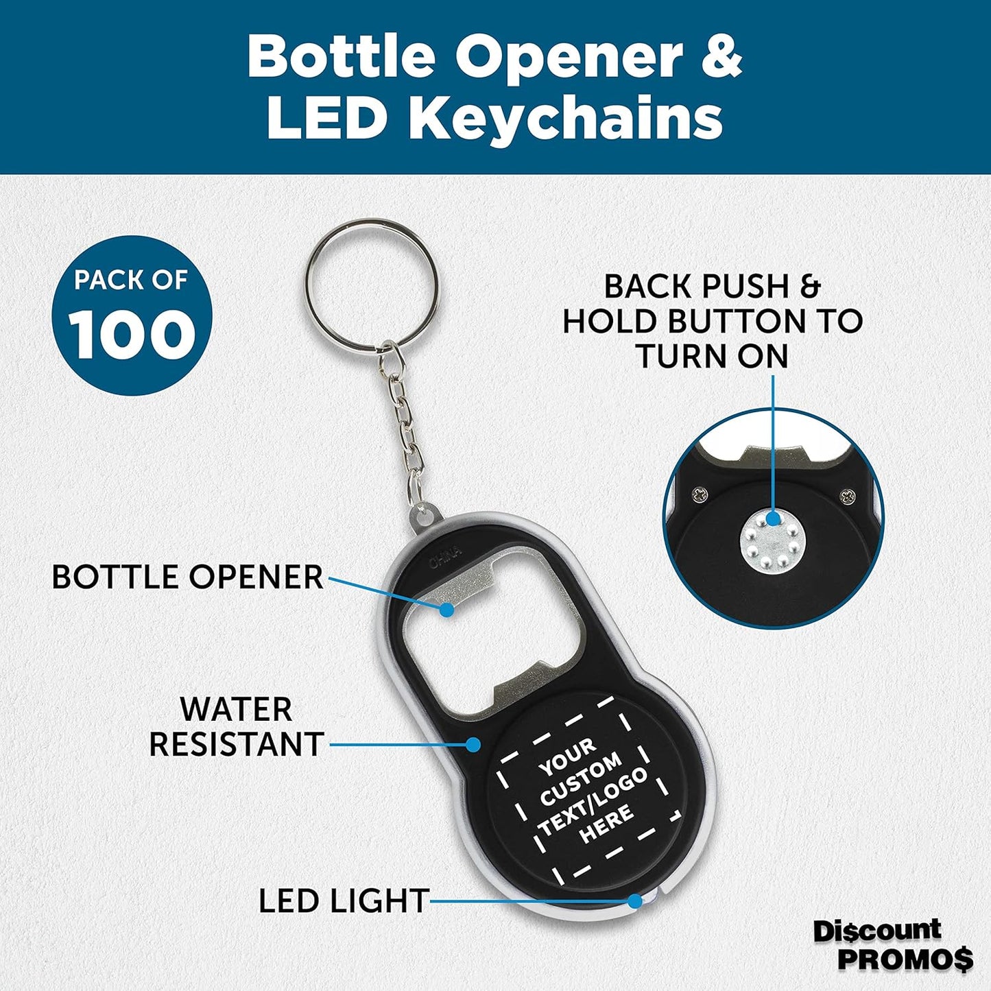 DISCOUNT PROMOS Custom Bottle Opener & LED Keychains Set of 100, Personalized Bulk Pack - Perfect for Tradeshows, Party Favors, Other Events - Black