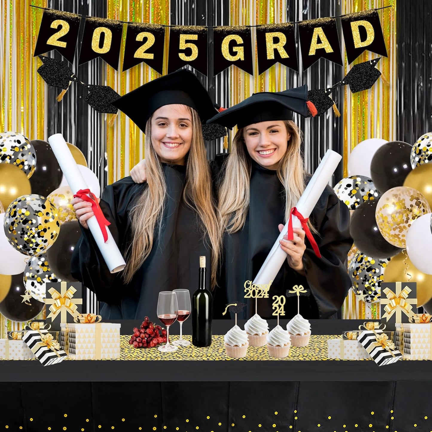 Melsan Gold Foil Curtain, 2 Pack 3.2 ft x 8.2 ft Tinsel Foil Fringe Curtains Backdrop, Sparkle Metallic Foil Fringe Curtains for Class of 2025 Retirement Fathers Day Decorations Photo Booth Props