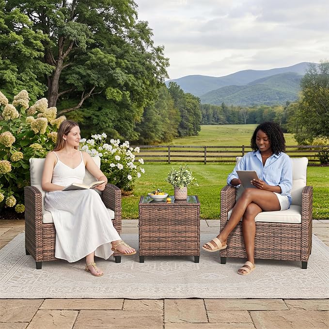Garvee Outdoor Wicker Chairs, 3 Pieces Patio Furniture Set, All Weather High - Image 6