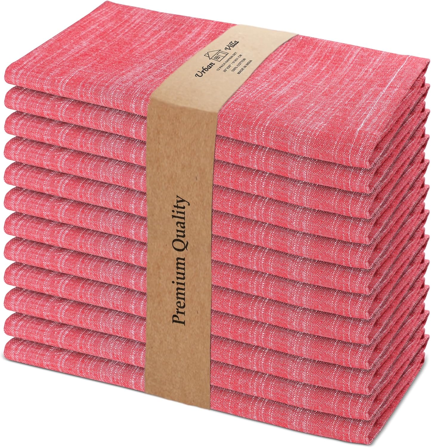 Urban Villa Dinner Napkins Red White Chambray Cloth Napkins (Set of 12) Oversized 20x20 Inches 100% Cotton Slub Premium Quality Soft Durable Mitered Corners Reusable Washable Everyday Use Napkins