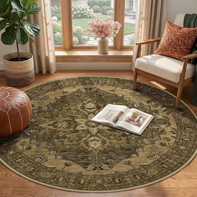 RELEANY Area Rugs Round 4ft Washable Non-Slip, Floral Vintage Distress Print - Image 2