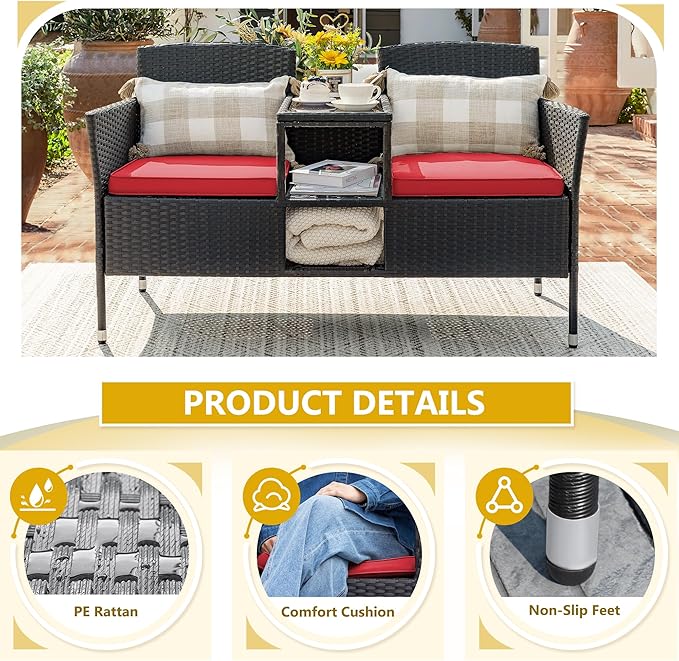 Devoko Outdoor Patio Loveseat Modern Rattan 2-Seat Patio Conversation Set - Image 4