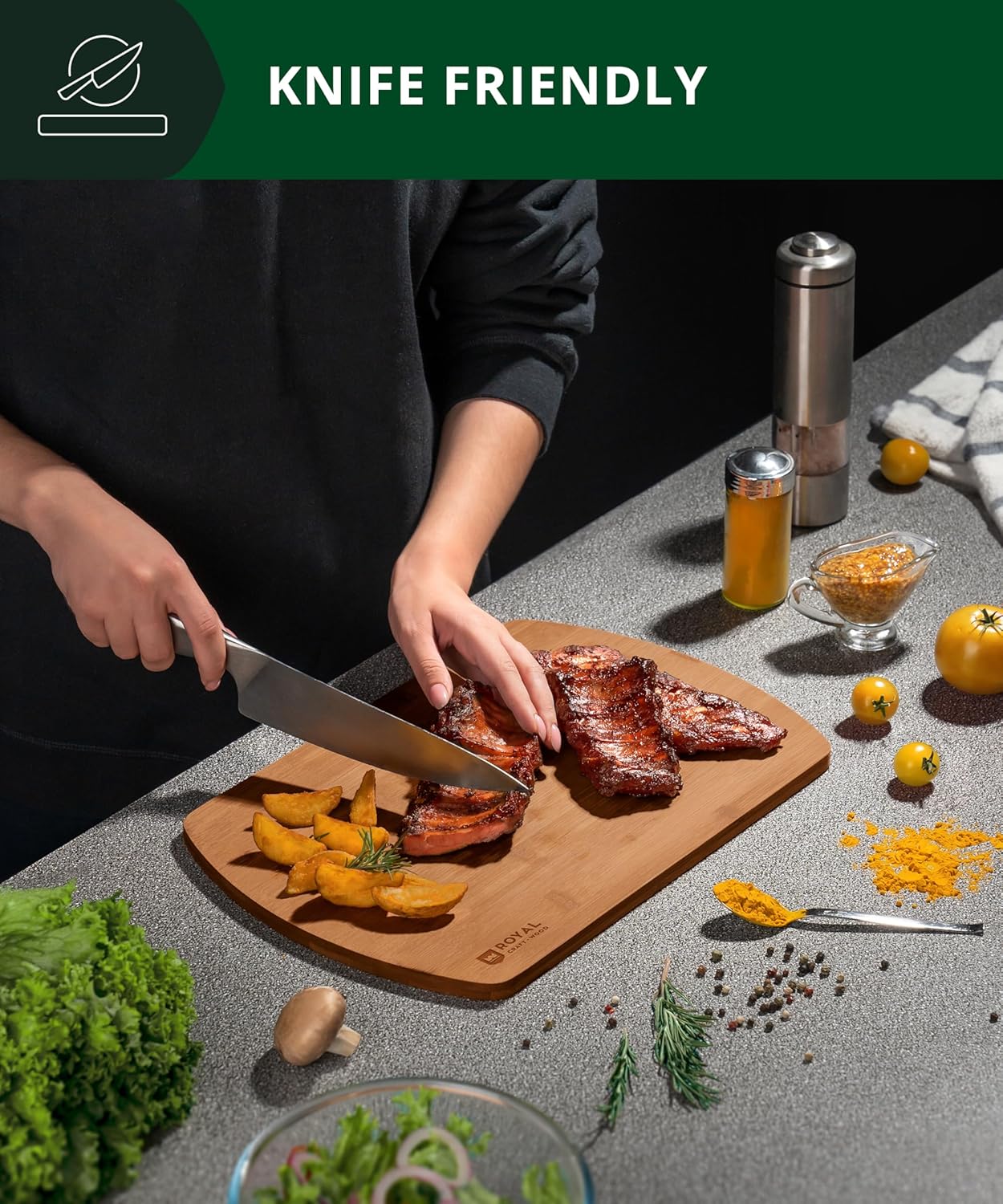 ROYAL CRAFT WOOD Wooden Cutting Boards for Kitchen Meal Prep & Serving - Bamboo Wood Serving Board Set with Deep Juice Groove Side Handles - Charcuterie & Chopping Butcher Block for Meat