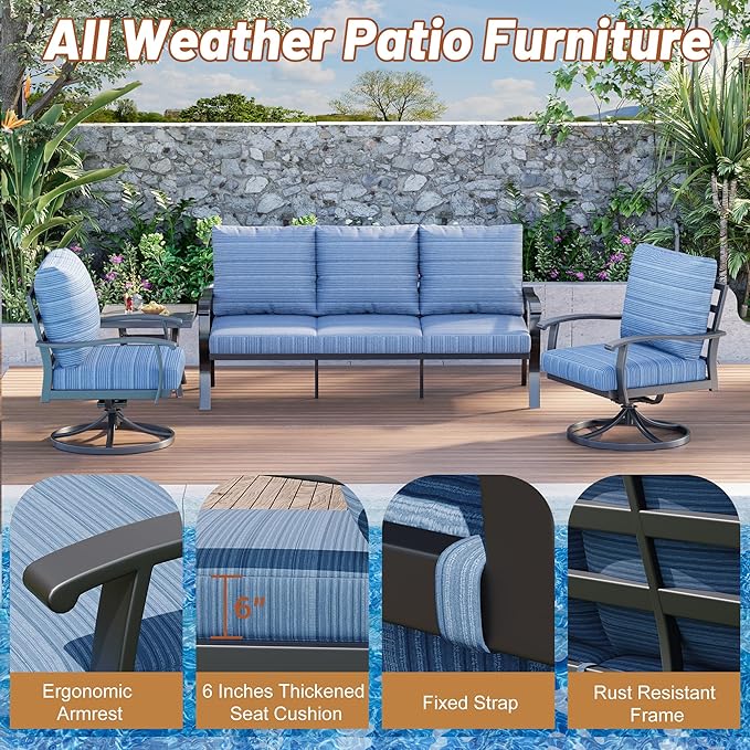 HOMREST Patio Furniture Sets 4 PCS Outdoor Metal Conversation Sets, 360 Degree - Image 5