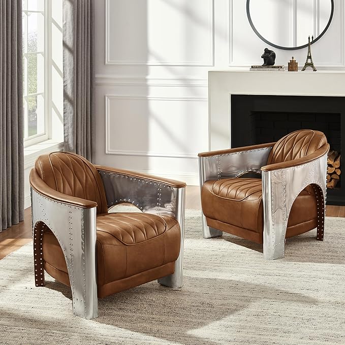 Art Leon Genuine Leather Chair, Mid Century Industrial Accent Arm Chair - Image 9