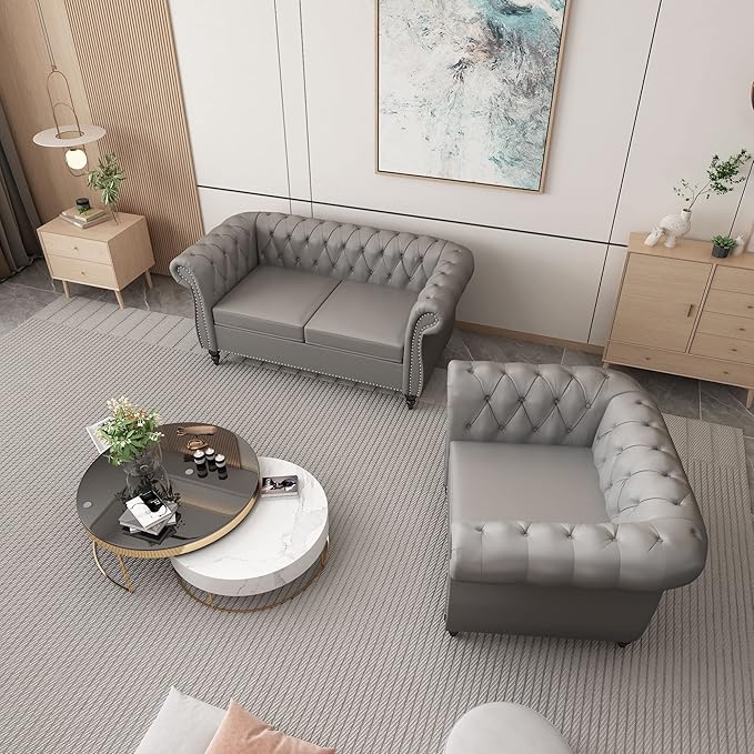 ORRD 2 Piece Living Room Set, Chesterfield Leather Sofa Couch Chair - Image 8
