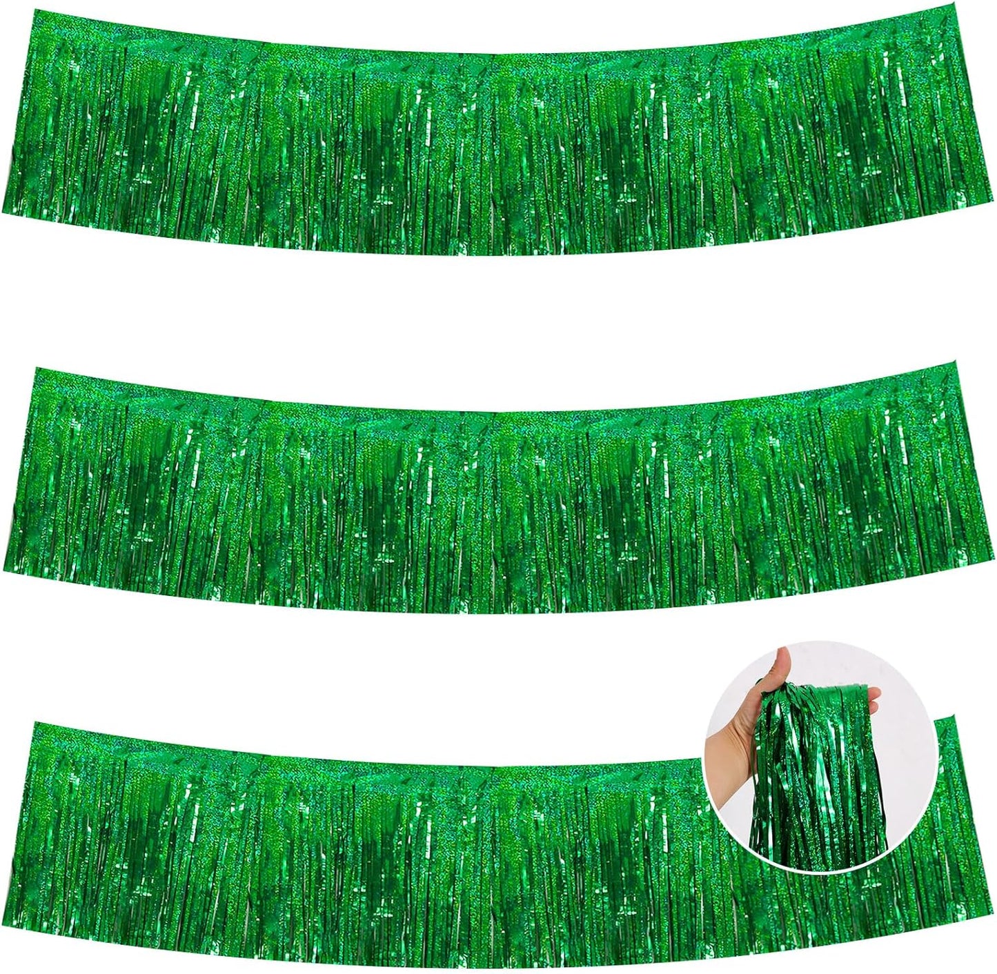 BEISHIDA 3 Packs Metallic Foil Fringe Garland Laser Green Wall Hanging Tinsel Fringe Banners for Car Floats Bridal Shower Wedding Birthday Easter Graduation Holiday Party Decoration(30 Feet)