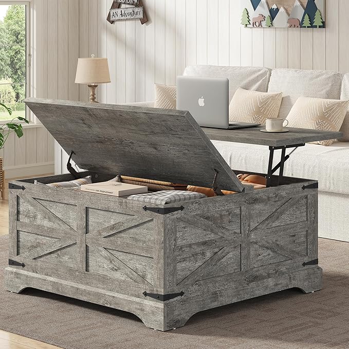 Furnideco 35.5''W Square Coffee Table Farmhouse Lift top Coffee Table - Image 3