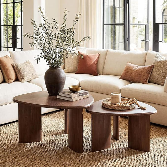 Honyee Nesting Coffee Table Set of 2, Modern Walnut Wood Veneer Coffee Table by Honyee