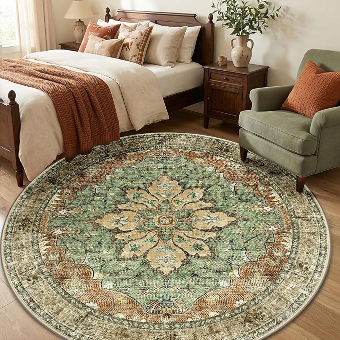 RELEANY Area Rugs Round 6ft Washable Non-Slip, Floral Vintage Distress Print - Image 3