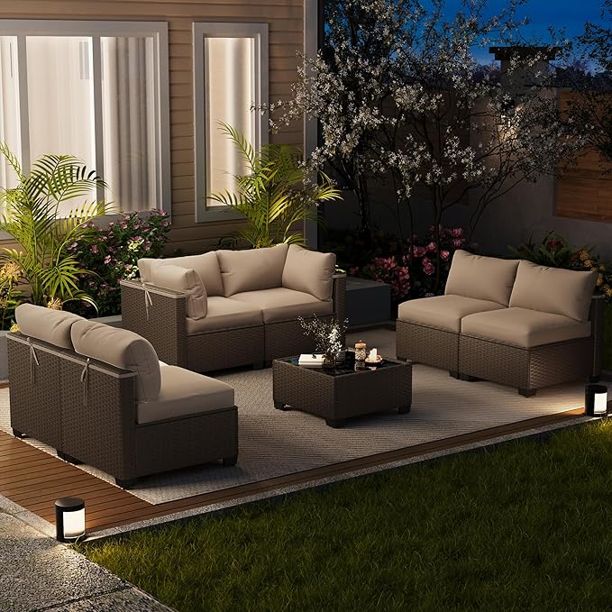 LOUVIXA 7 Piece Outdoor Patio Furniture Set, Outdoor Sectional Sofa, Wicker - Image 9