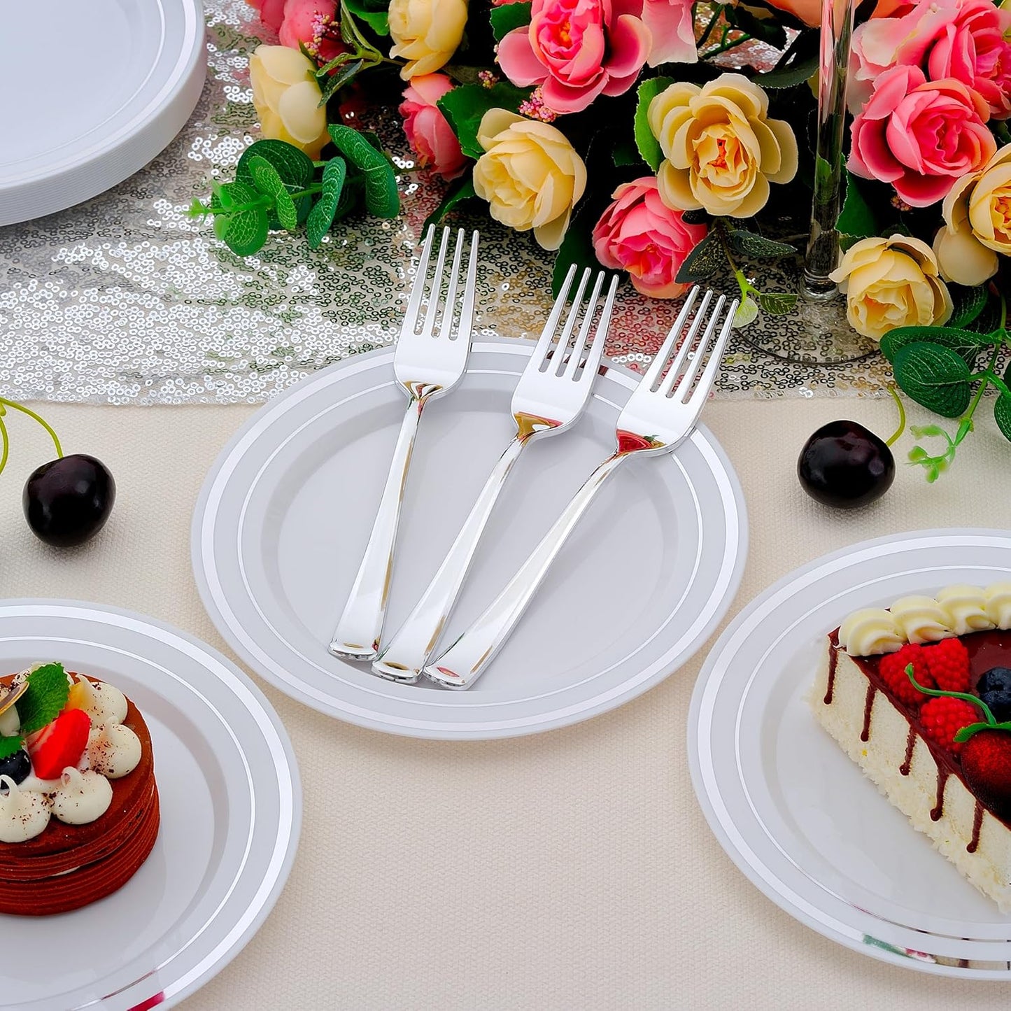 200pcs Silver Dessert Plates with Forks for 100 Guests-100pcs 7.5" Disposable Silver and White Small Plates with 100pcs 7.4" Forks-Cake/Appetizer/Salad Plate for Wedding,Birthday,Party