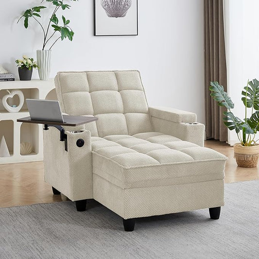 Oversized Recliner Chair with Swivel Tray Table, Modern Tufted Linen Fabric by Unknown