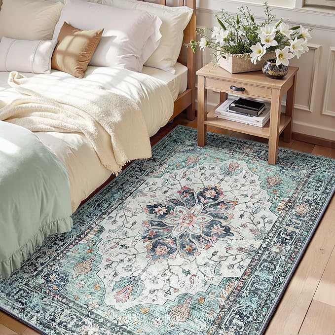 RELEANY Area Rugs 3'x5' Washable Non-Slip, Floral Vintage Distress Print by RELEANY