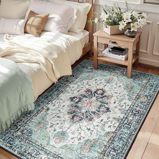 RELEANY Area Rugs 3'x5' Washable Non-Slip, Floral Vintage Distress Print by RELEANY