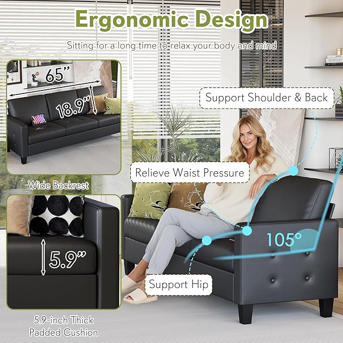 STHOUYN Black Faux Leather 3 Seater Sofa, Loveseat and Accent Chair, Modern - Image 6