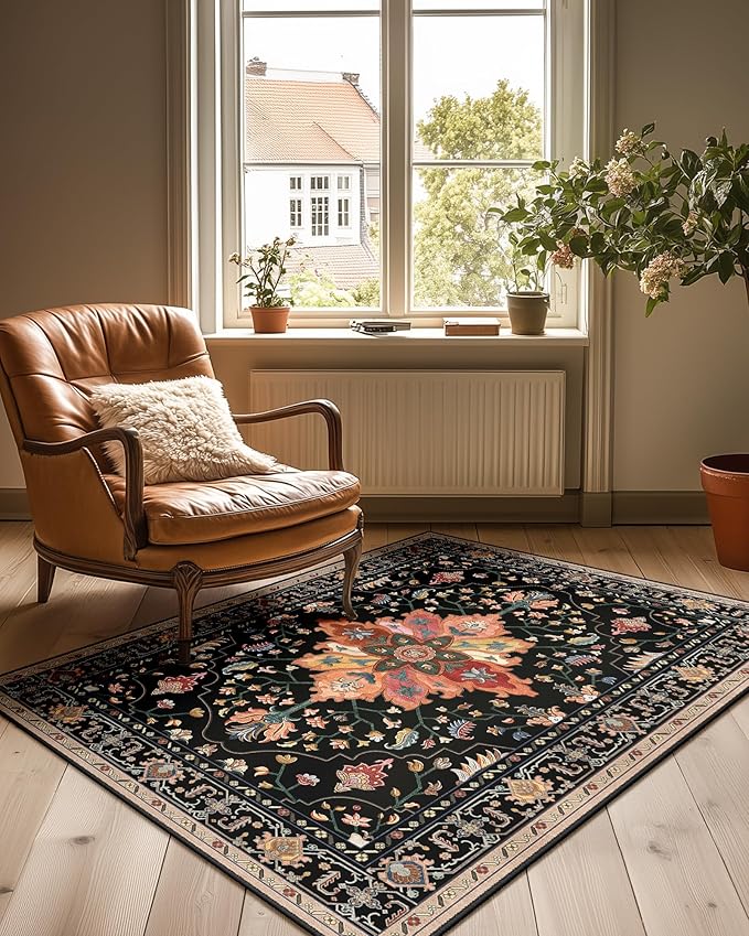 RELEANY Area Rugs 3'x4' Washable Non-Slip, Floral Vintage Distress Print by RELEANY