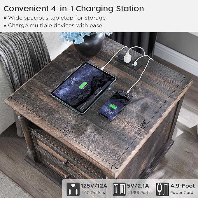 T4TREAM 24'' Farmhouse End Table w/4 Solid Wood Feet Set of 2, Large 2 Drawers - Image 3