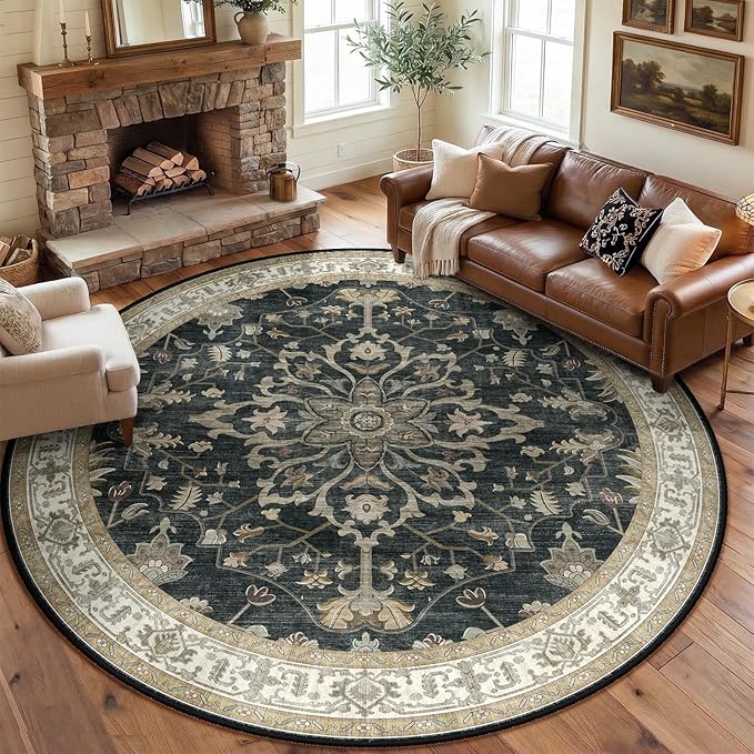 RELEANY Area Rugs Round 8ft Washable Non-Slip, Floral Vintage Distress Print by RELEANY