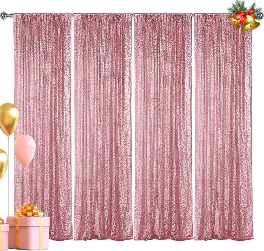 Hahuho Rose Pink Sequin Backdrop Curtain, 4PCS 2FTx8FT Glitter Backdrop Curtain for Parties, Christmas, Wedding, Banquet Decoration（4 Panels, 2FT x 8FT, Rose Pink）